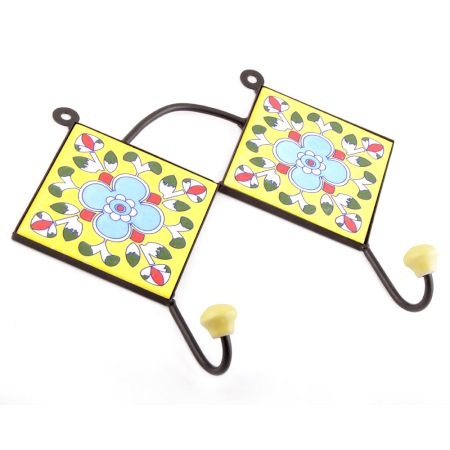 Yellow And Turquoise Ceramic Floral Tiles Hooks